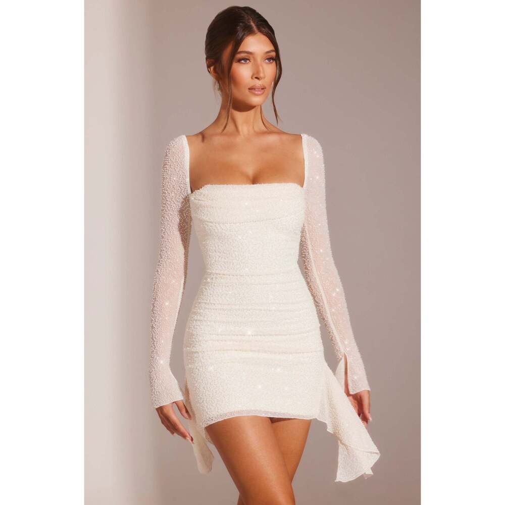 Oh Polly Long Sleeve Embellished Cowl Neck Mini Dress in White 0